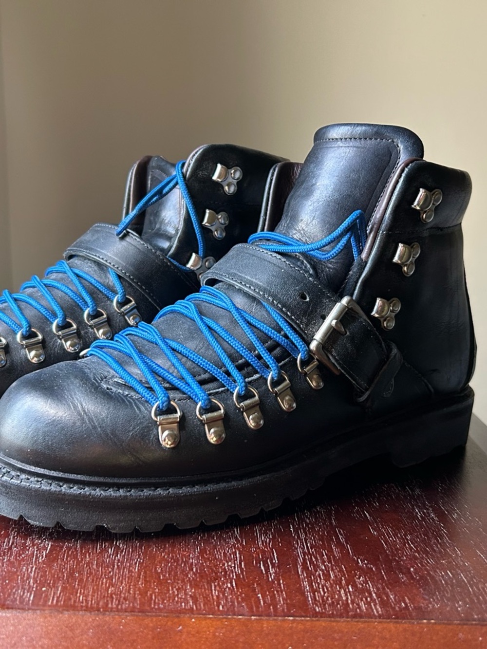 Allen Edmonds Black Leather Hiking-Style Boots with Blue Laces